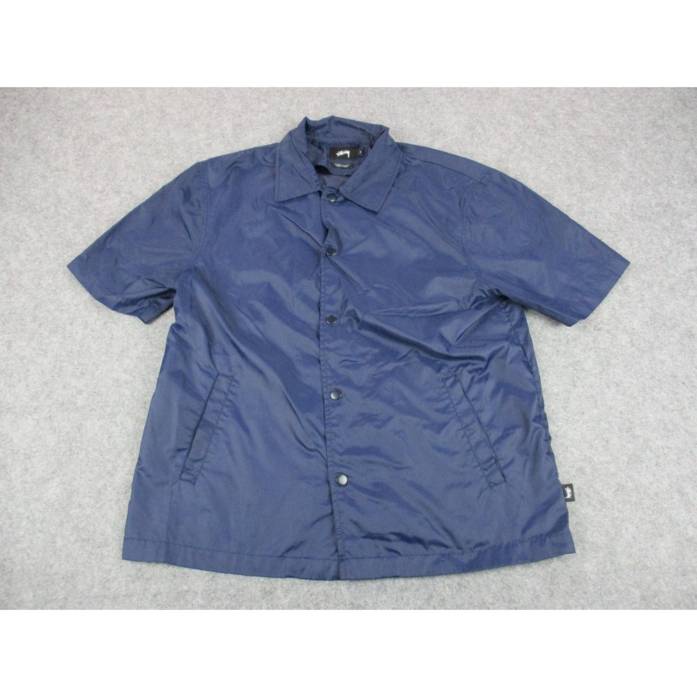 Stussy Shirt Mens Small Blue Windbreaker Wind Snap Button Front Short Sleeve